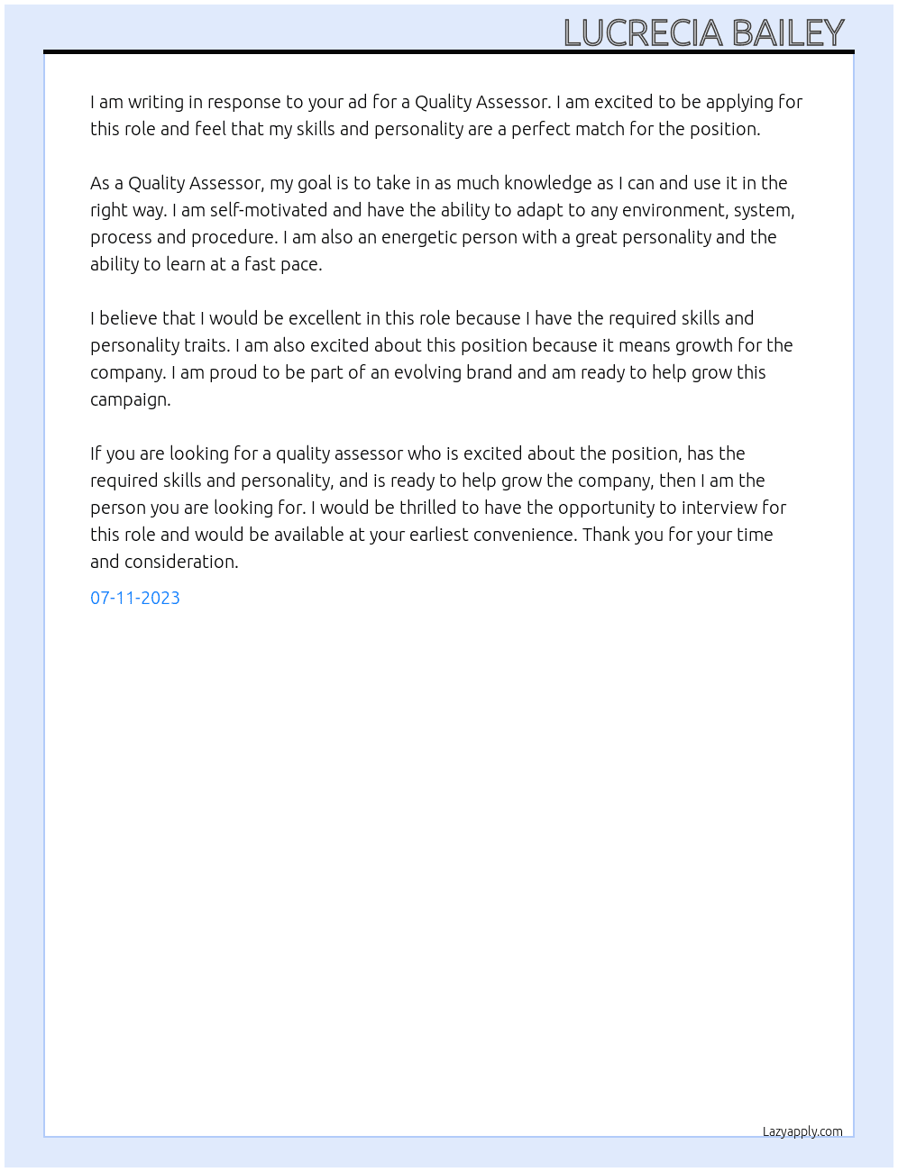 Quality Assessor At Ascensos Cover Letter