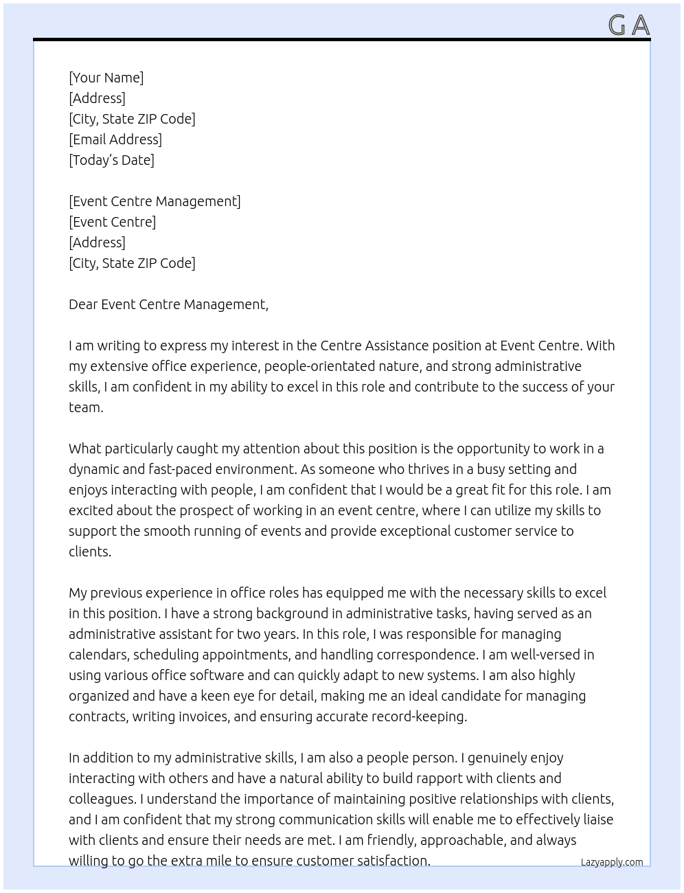 Centre Assistance At Event Centre Cover Letter