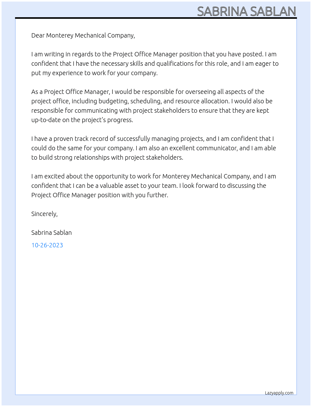 Project Office Manager At Monterey Mechanical Company Cover Letter