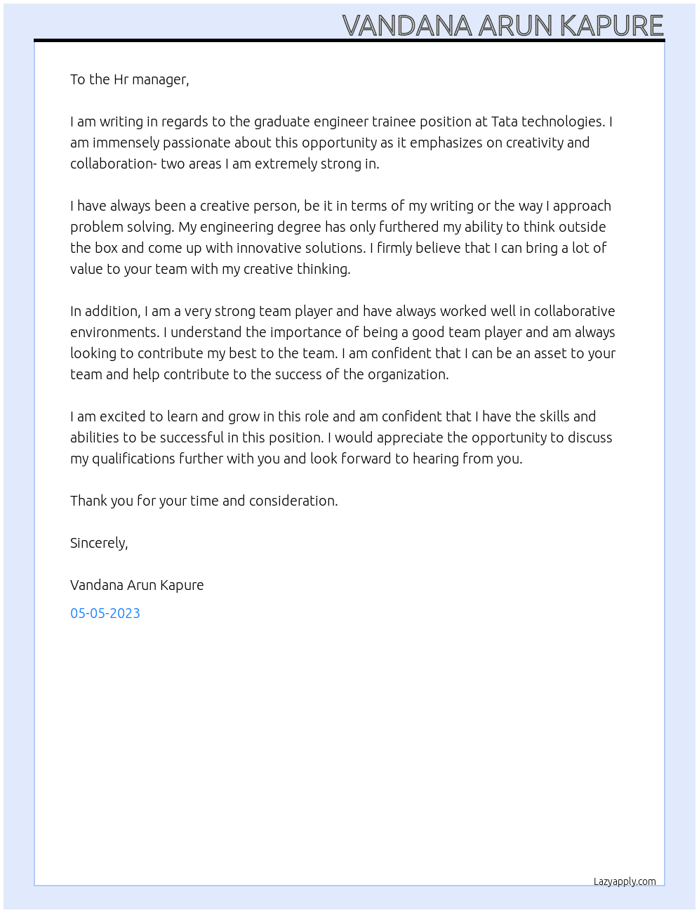 Graduate engineer trainee  At Tata technologies  Cover Letter