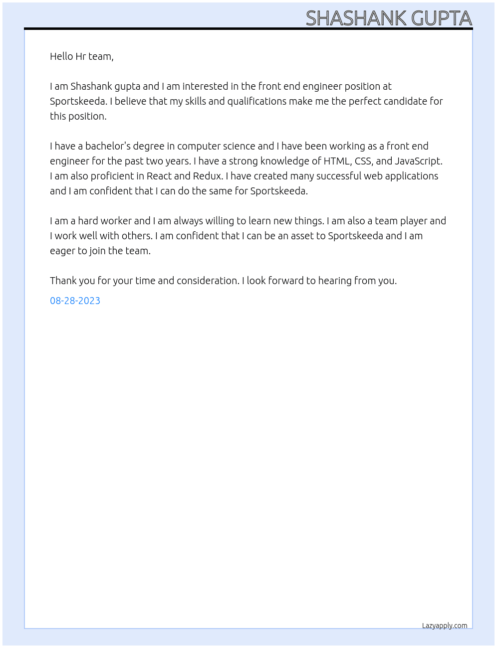 Front end engineer At Sportskeeda Cover Letter