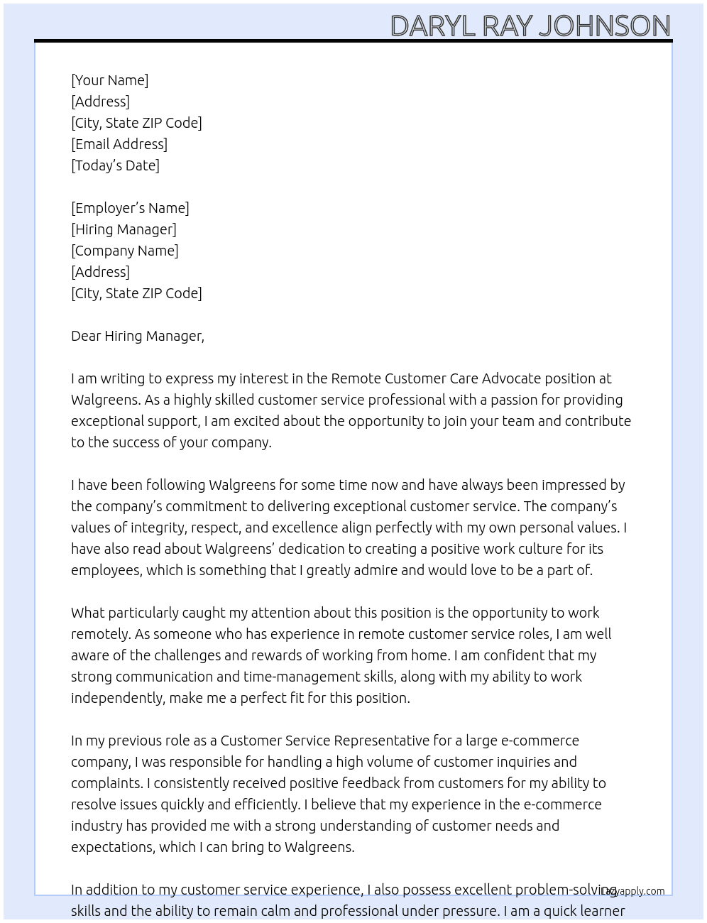 Remote Customer Care Advocate At Walgreens Cover Letter