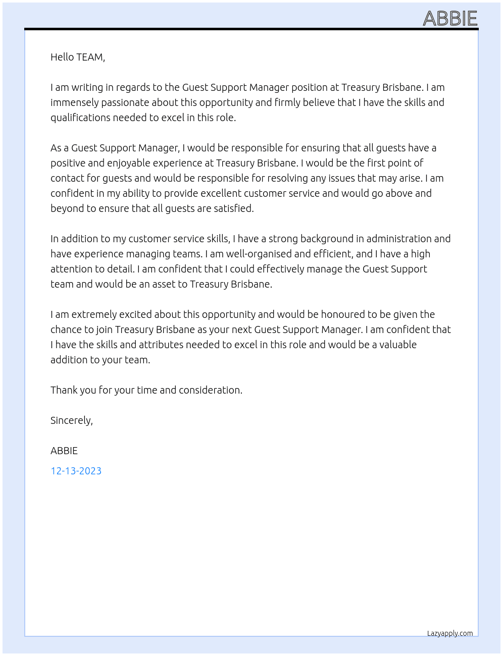Guest Support Manager At Treasury Brisbane Cover Letter