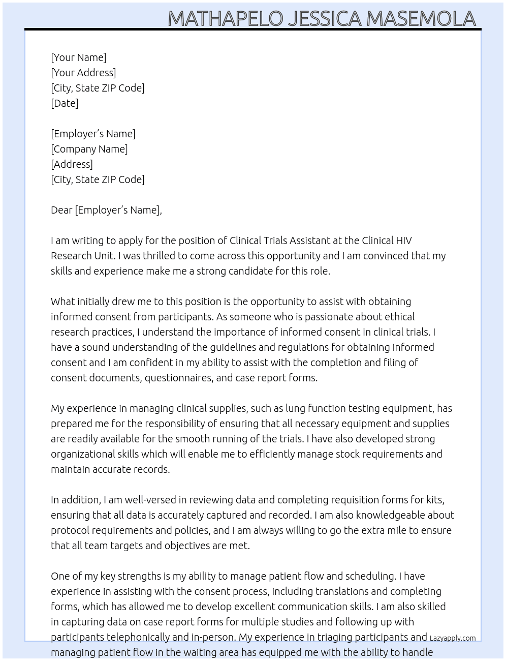 Clinic Trials Assistant At Clinical HIV Research Unit  Cover Letter