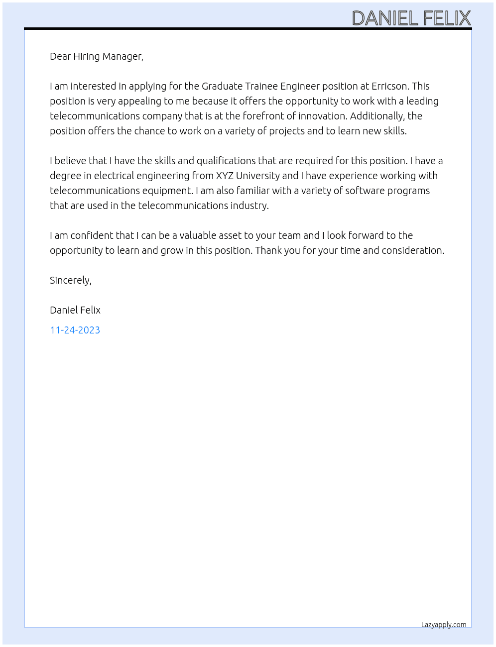 Graduate Trainee Engineer  At Erricson Cover Letter