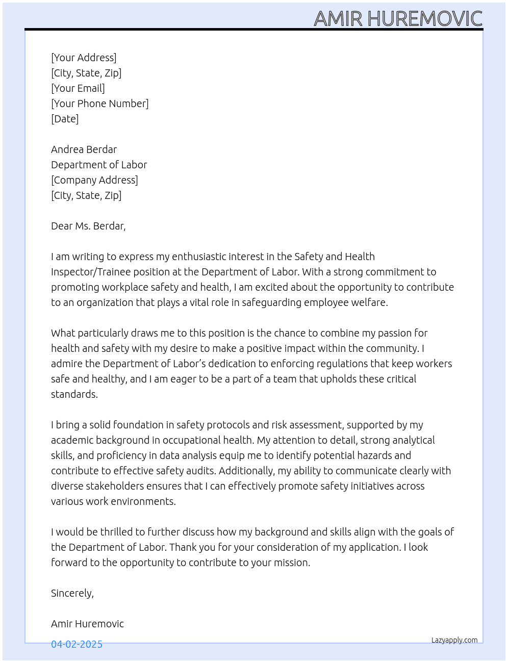Safety and Health Inspector/Trainee At Department of Labor Cover Letter