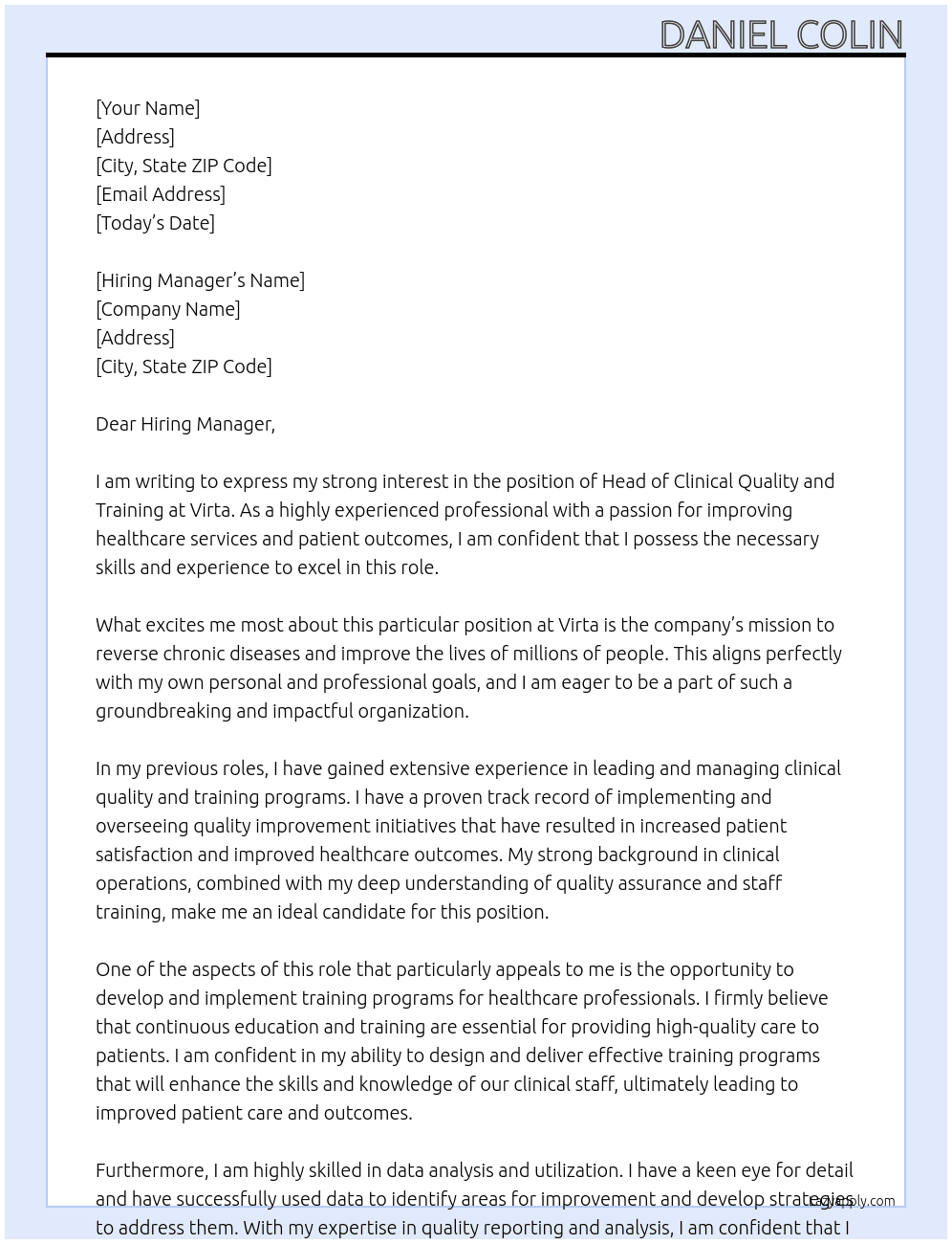 Head of clinical quality and training At Virta Cover Letter