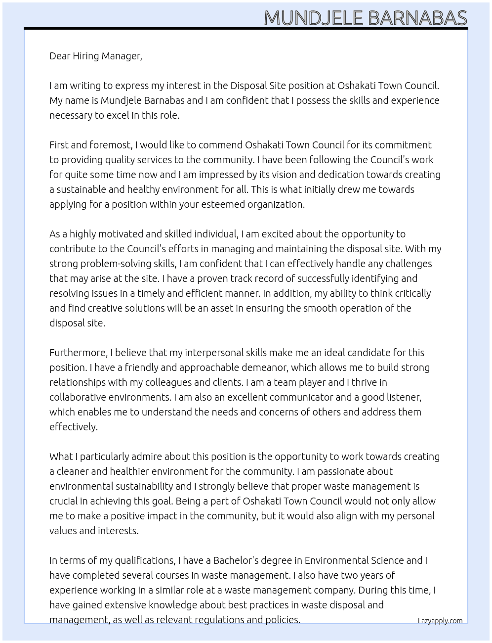 Disposal site At Oshakati town council Cover Letter