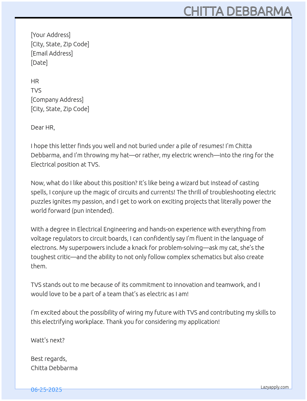 Electrical  At TVS Cover Letter
