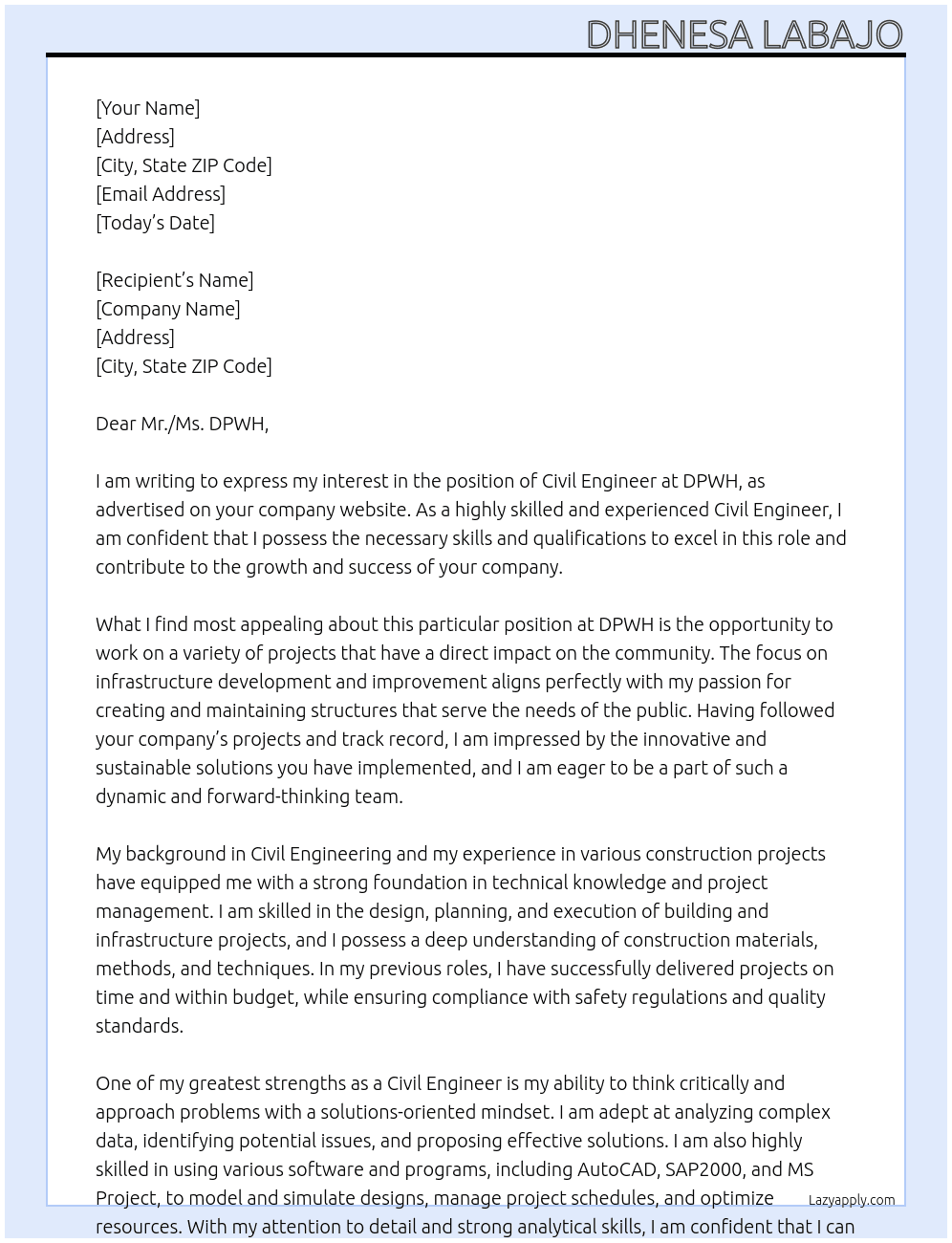 Civil Engineer At DPWH Cover Letter