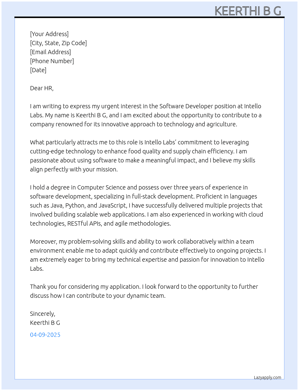 Software developer  At Intello labs  Cover Letter