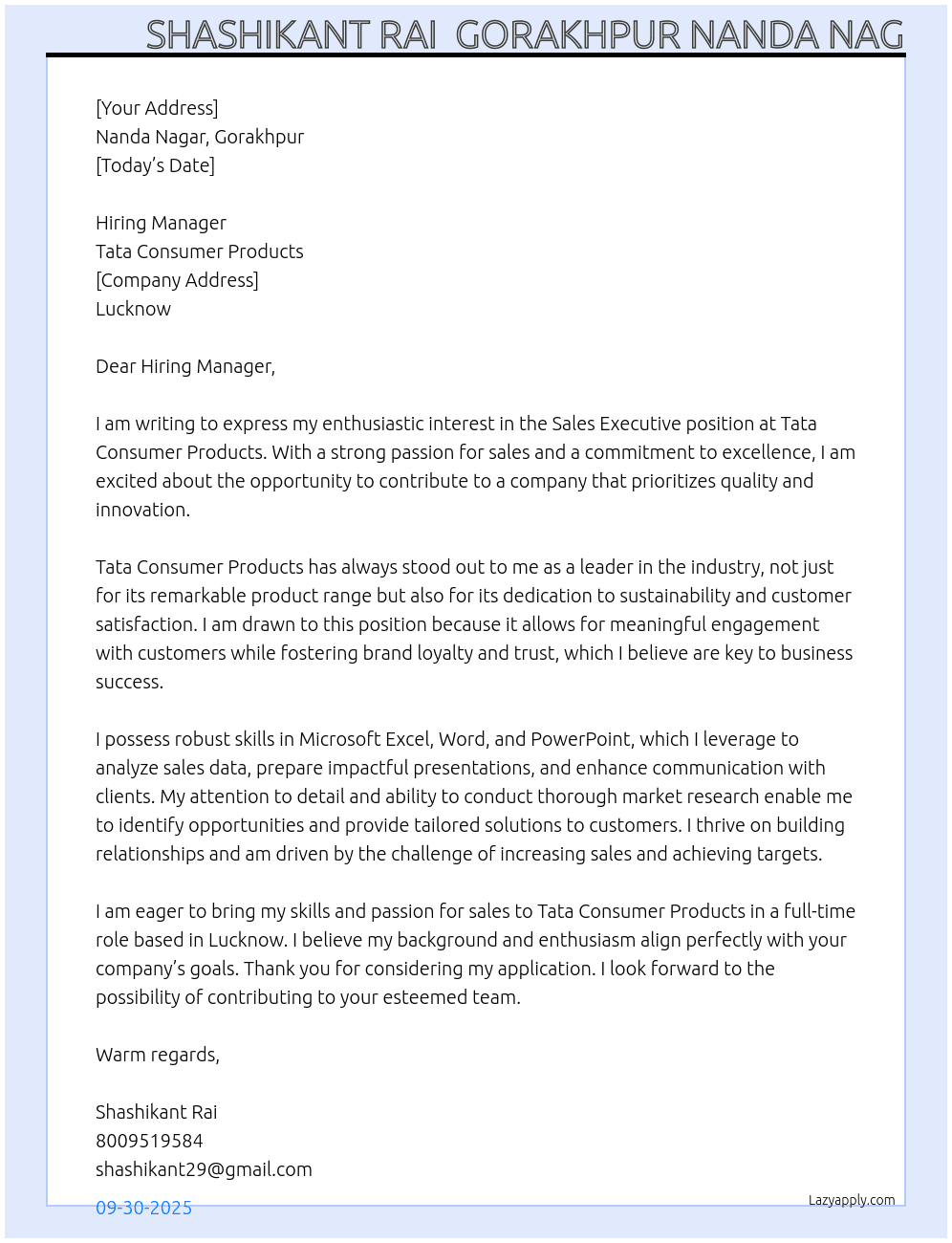 Sales executive  At Tata consumer products  Cover Letter