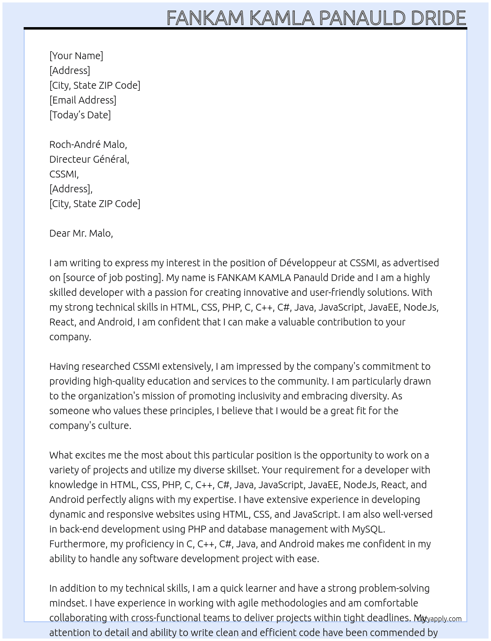 developpeur At cssmi Cover Letter