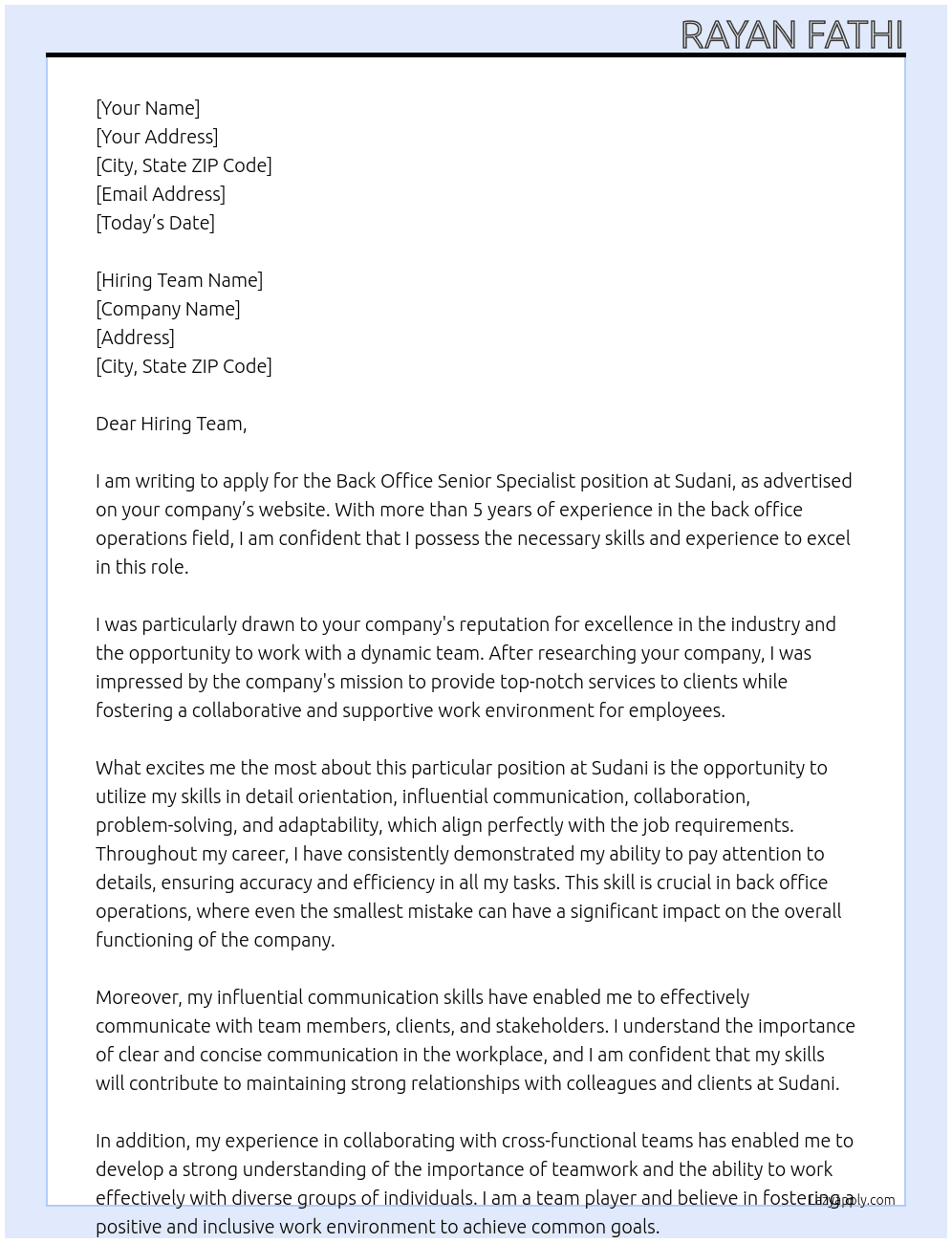 Back Office Senior Specialist At Sudani  Cover Letter