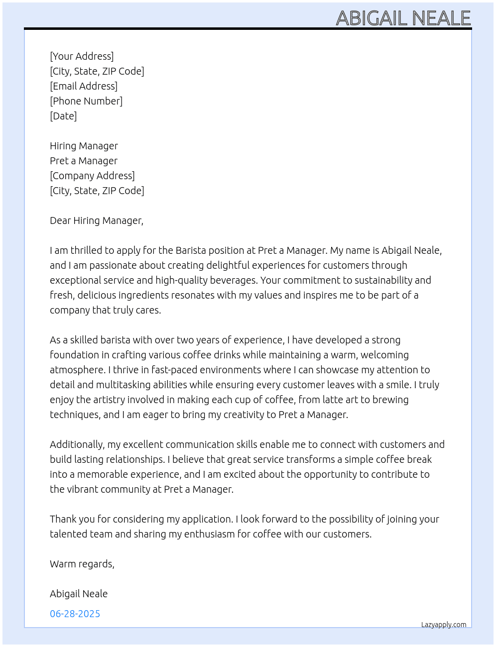 Barista  At Pret a Manager  Cover Letter