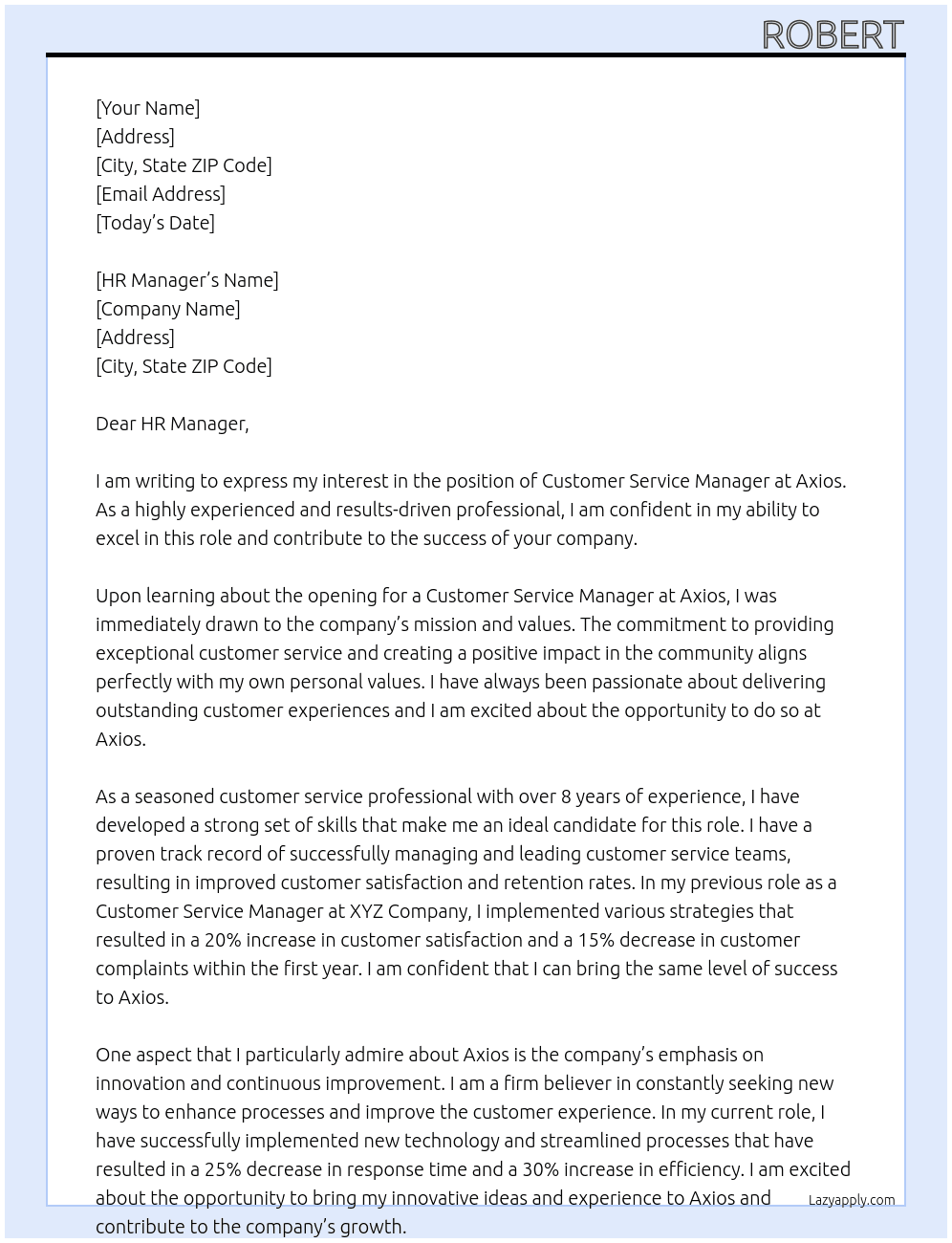 customer service manager At Axios Cover Letter