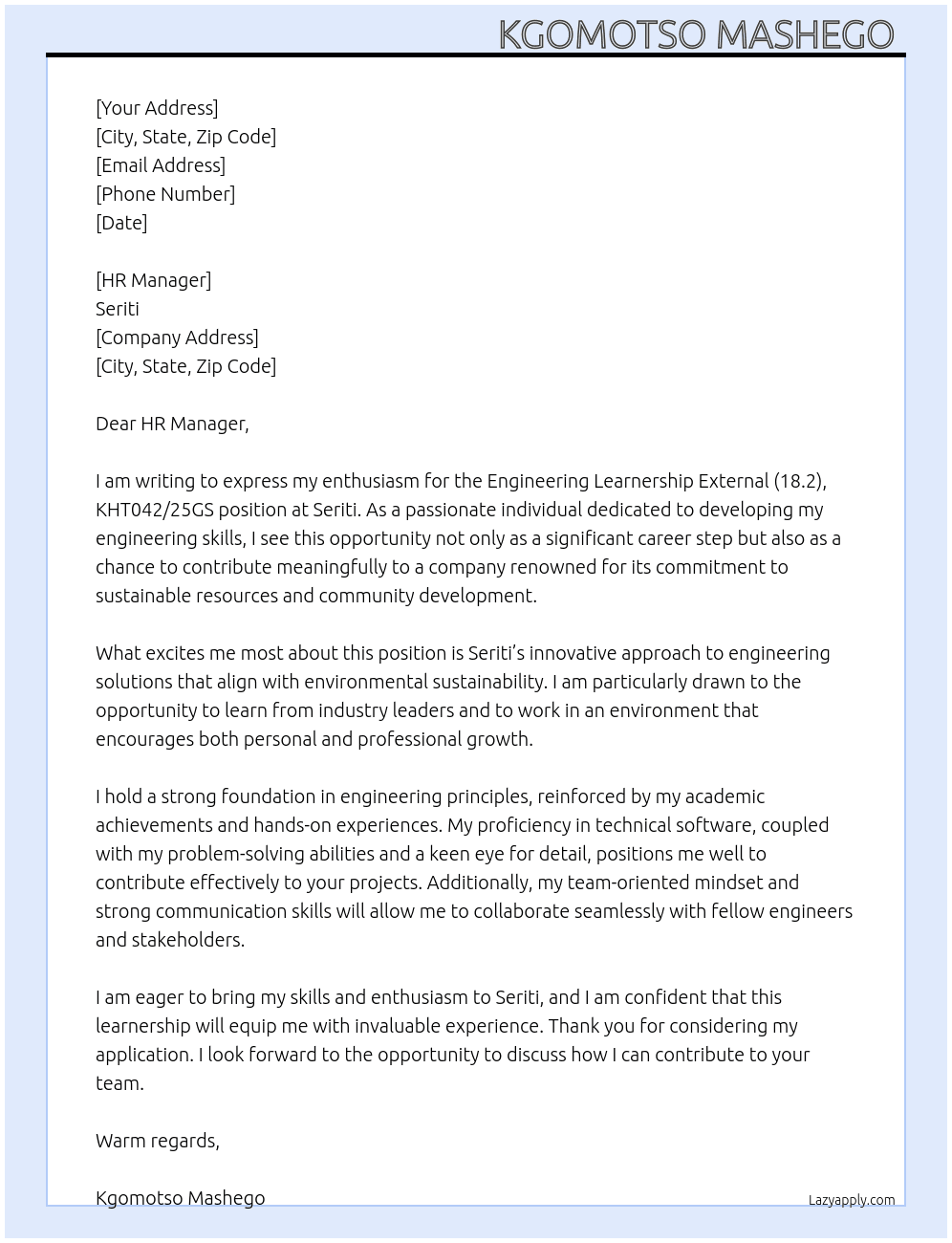 Engineering Learnership External (18.2), KHT042/25GS At Seriti Cover Letter