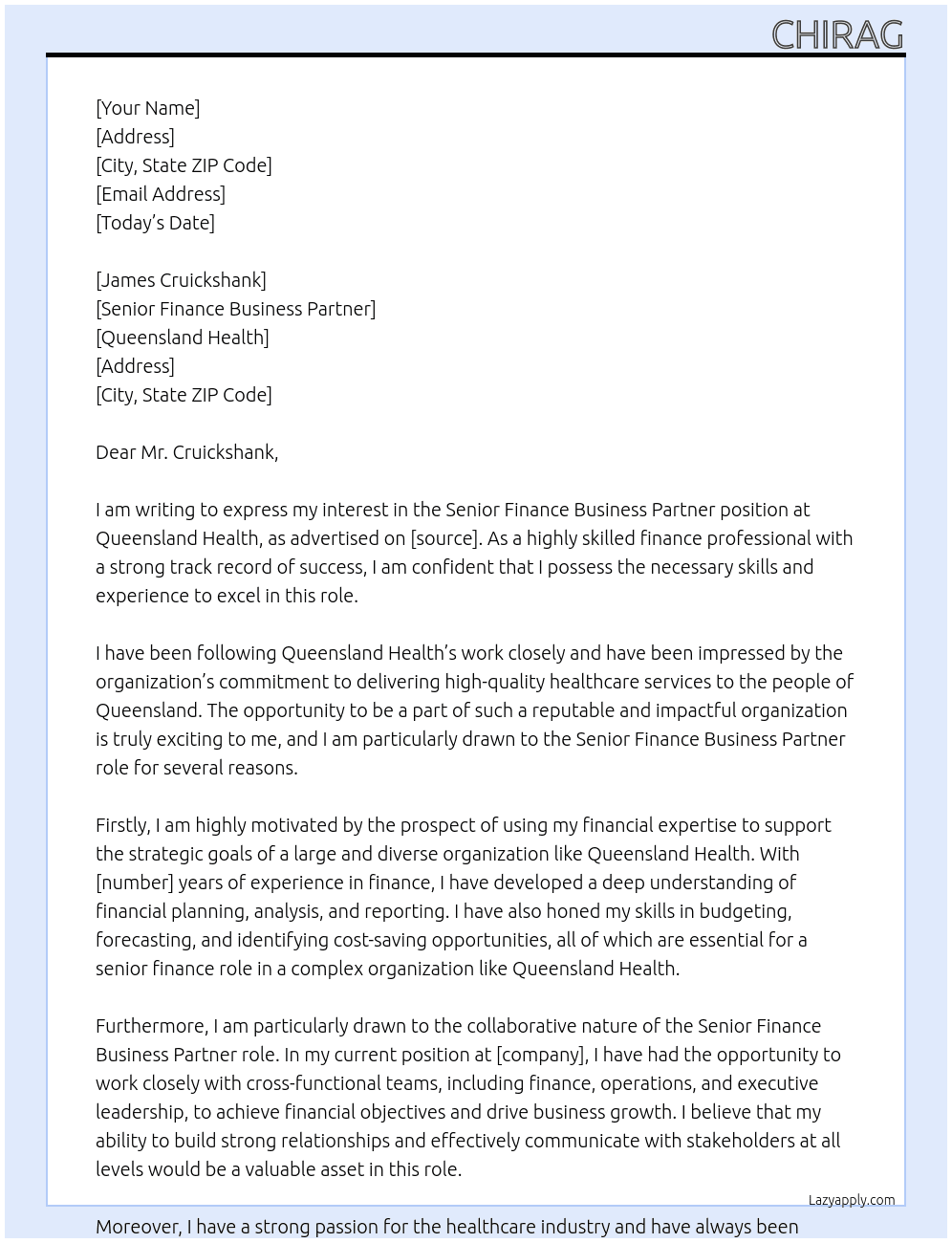 Senior Finance Business Partner At Queensland Health Cover Letter