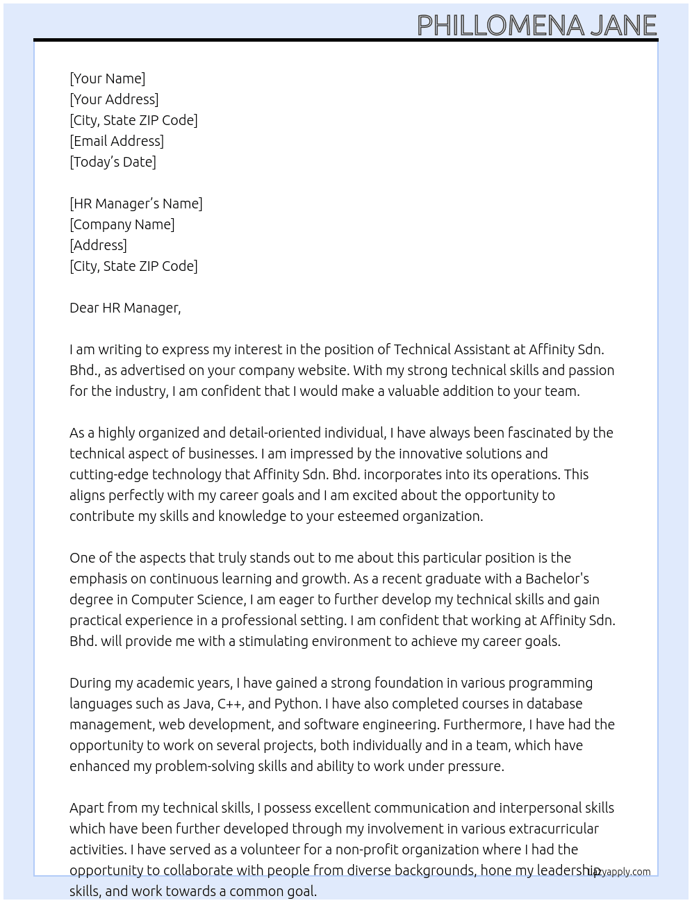 Technical Assistant At Affinity Sdn. Bhd. Cover Letter