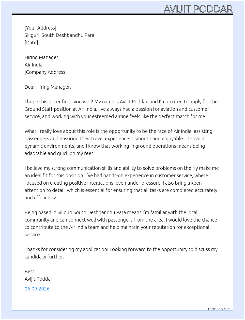 Ground staff At Air India  Cover Letter