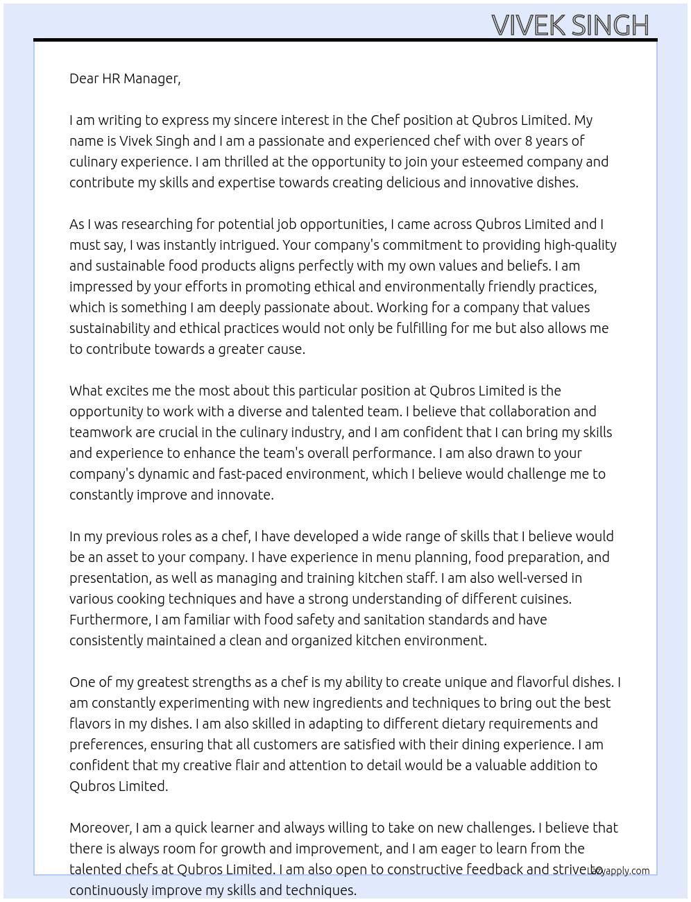 Chef  At Qubros limited  Cover Letter