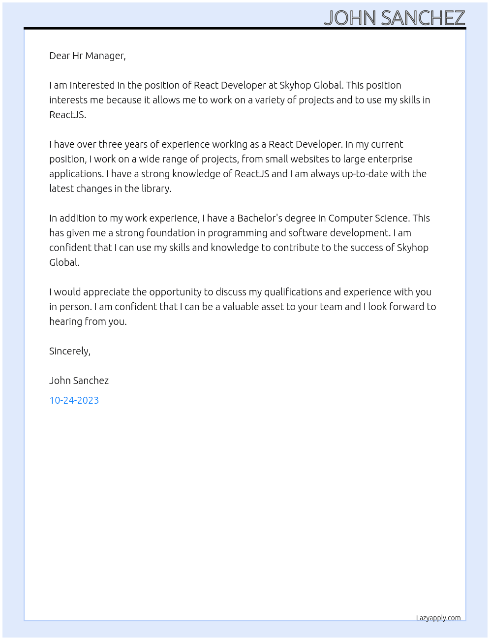 React Developer At Skyhop Global Cover Letter