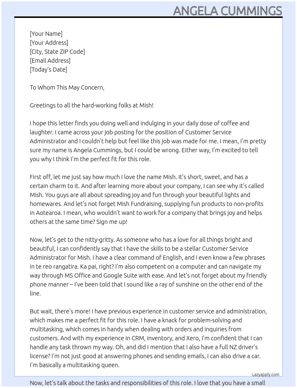 Customer Service Administrator At Mish Cover Letter
