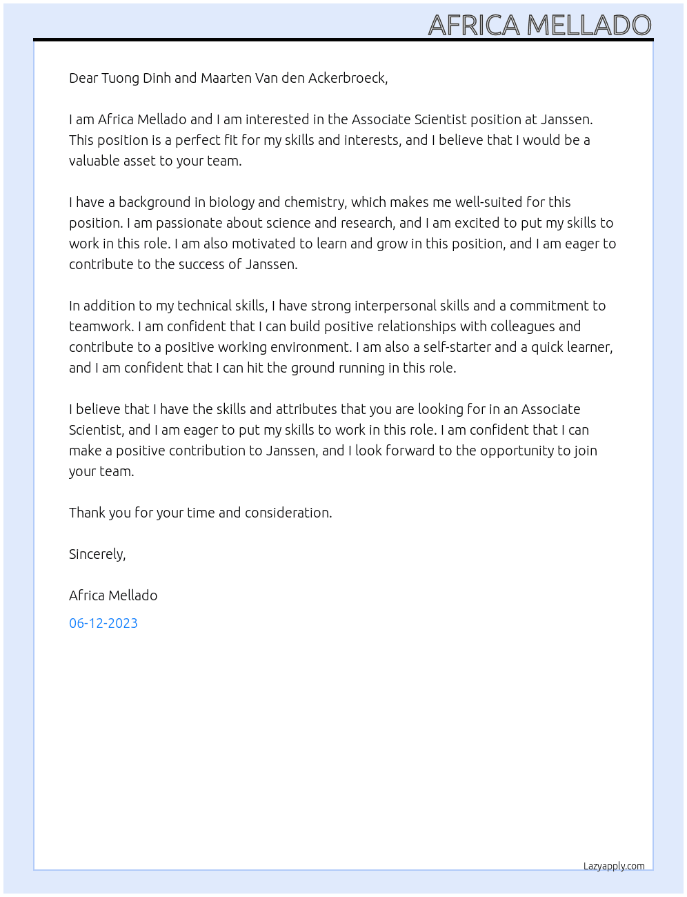  Associate Scientist  At Janssen Cover Letter