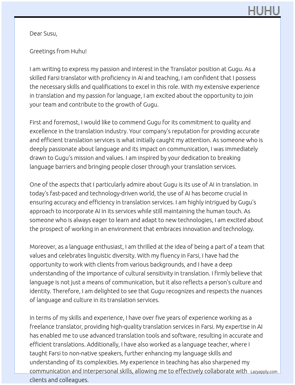 Translator At Gugu Cover Letter