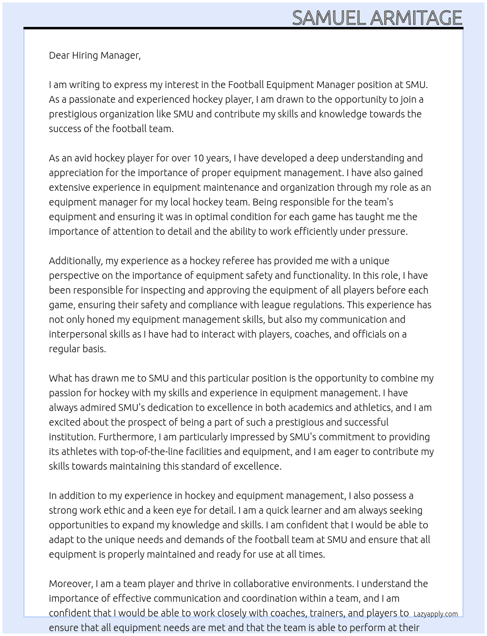 Football Equipment Manager At SMU Cover Letter