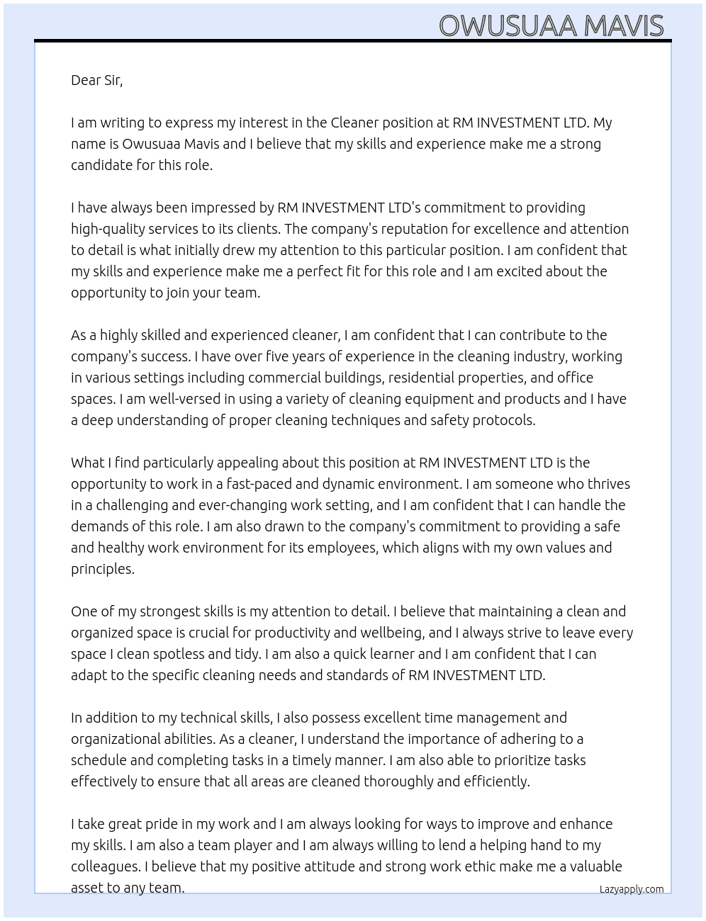 Cleaner At RM INVESTMENT LTD  Cover Letter