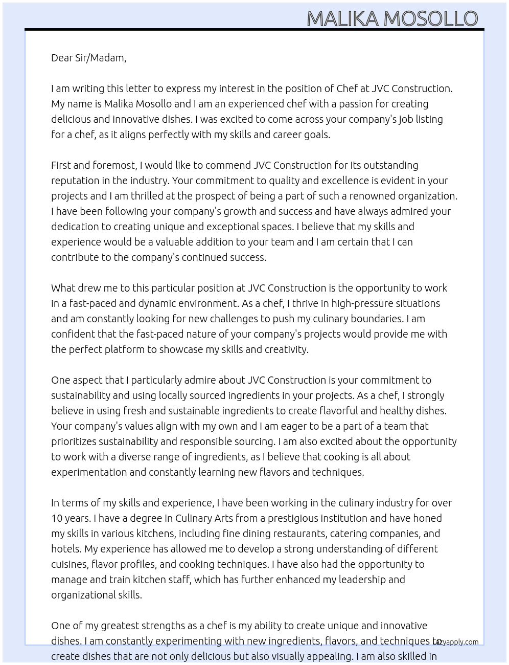 Chef At JVC construction  Cover Letter