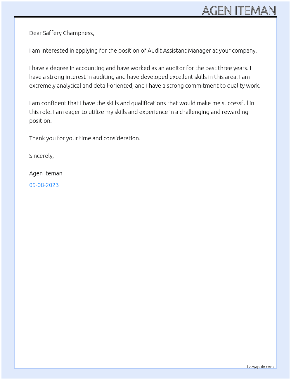 Audit assistant manager At Saffery Champness Cover Letter