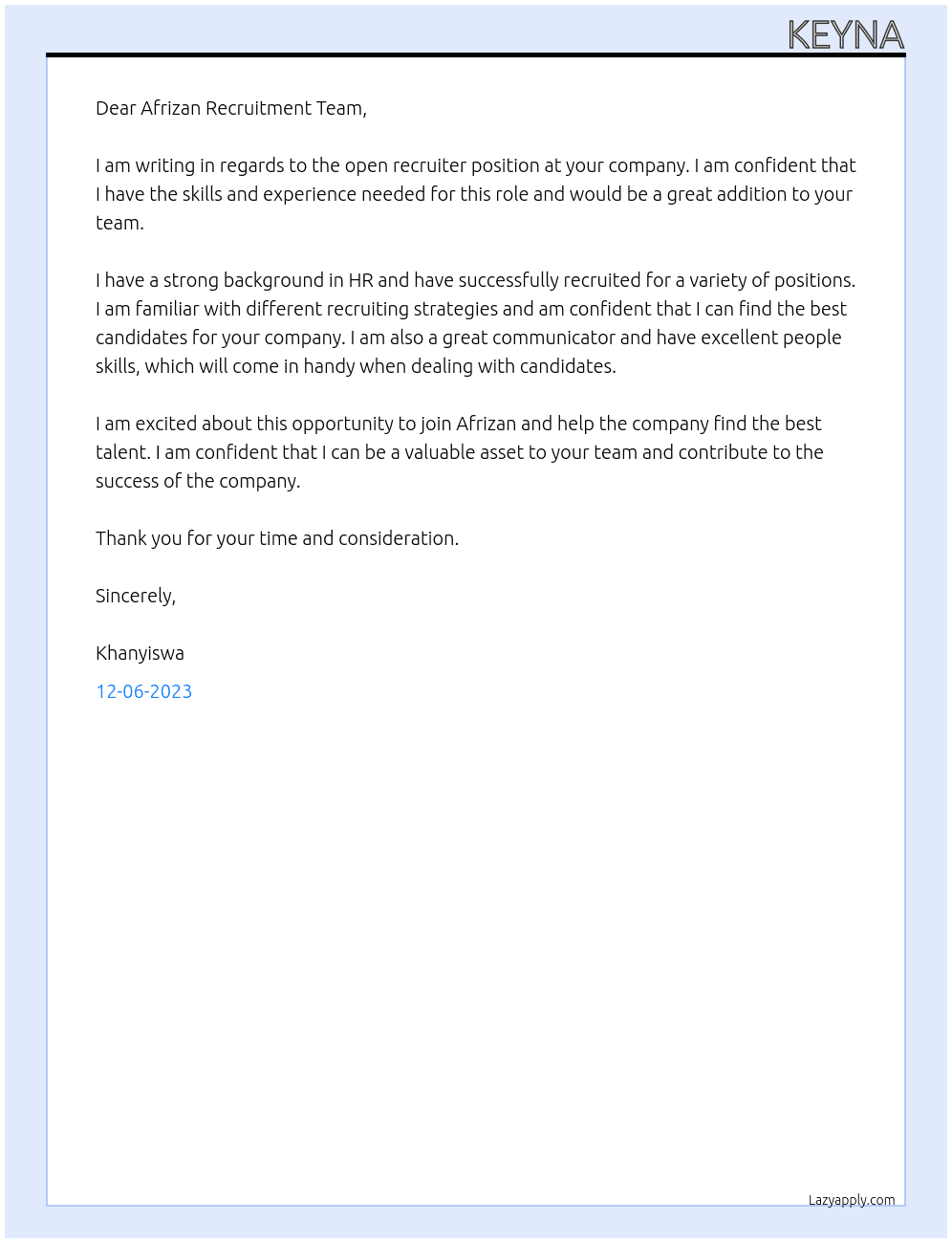 Recruiter At Afrizan Cover Letter