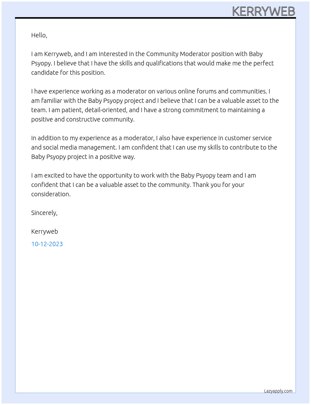 Community moderator  At Baby Psyopy project  Cover Letter