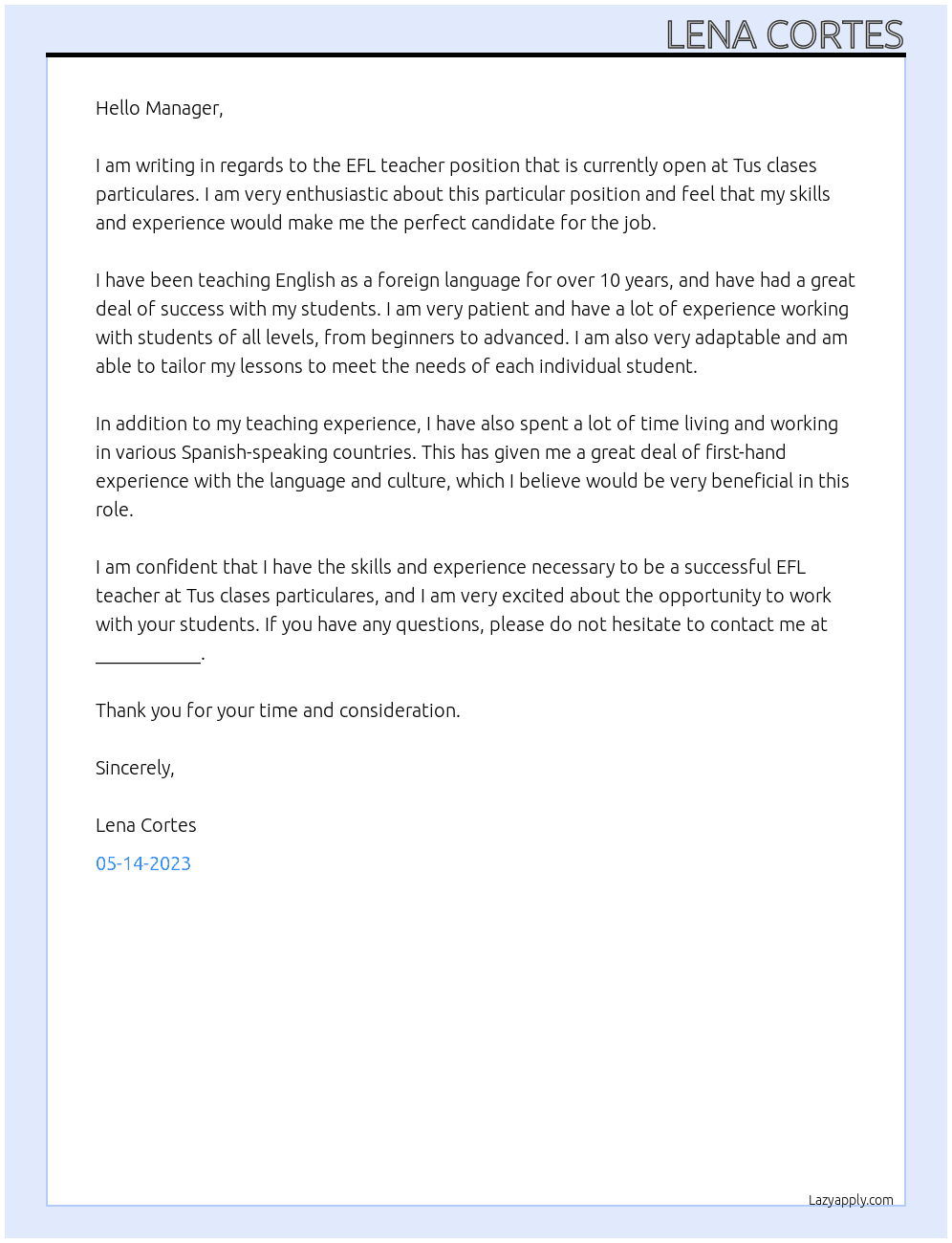 EFL teacher At Tus clases oarticulares Cover Letter