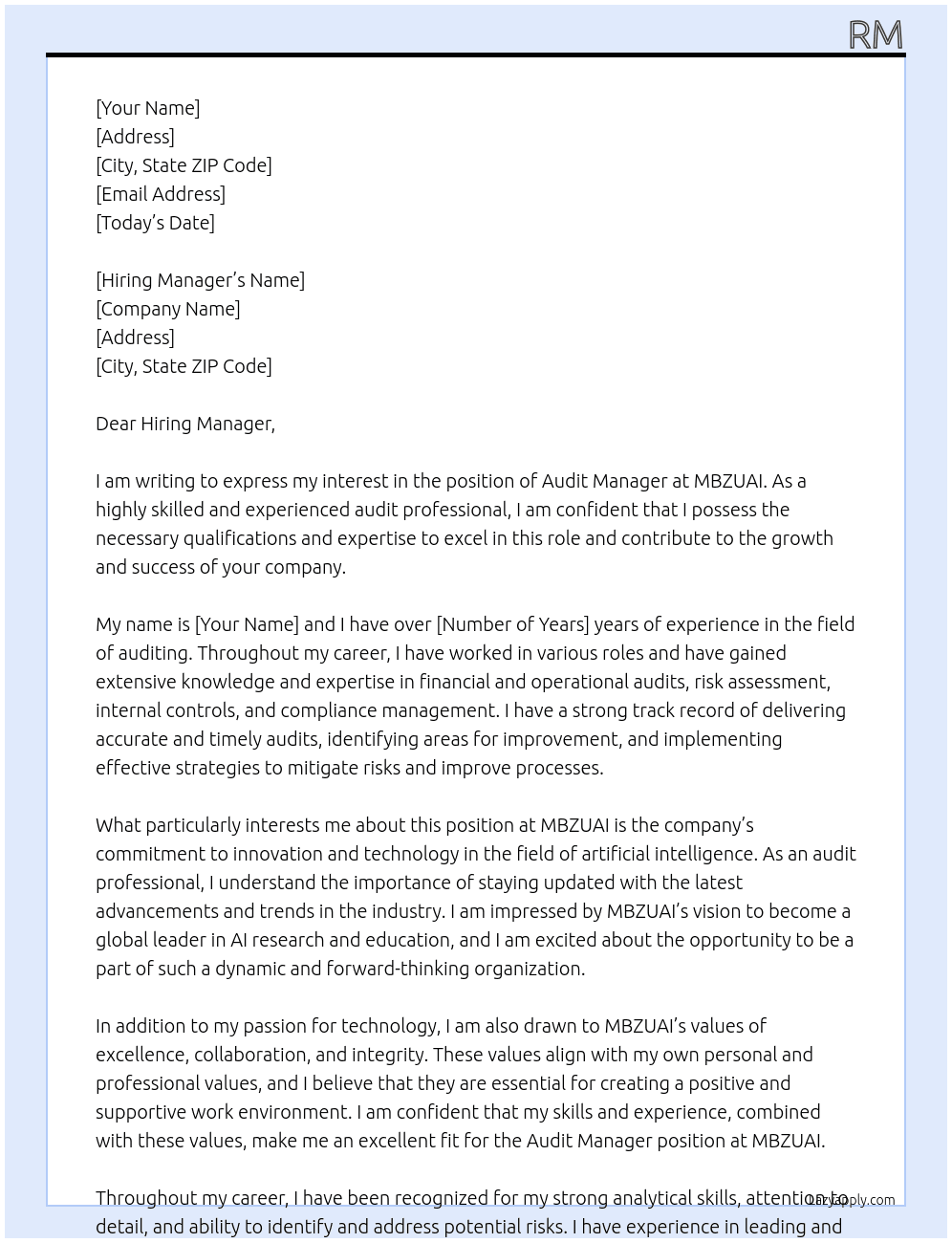 Audit Manager At MBZUAI Cover Letter
