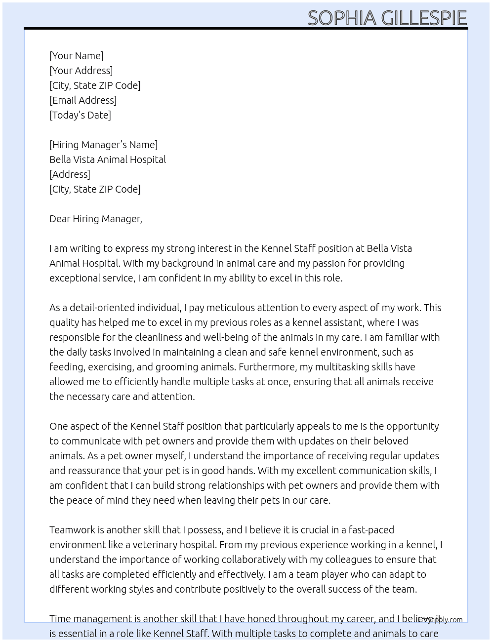 Kennel Staff At Bella Vista Animal Hospital  Cover Letter