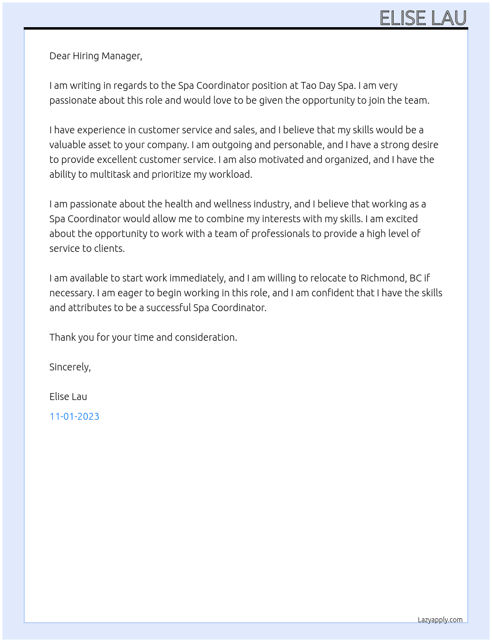 Spa Coordinator At Tao Day Spa Cover Letter
