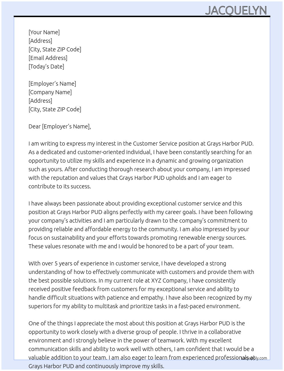 Customer service  At Grays harbor pud  Cover Letter