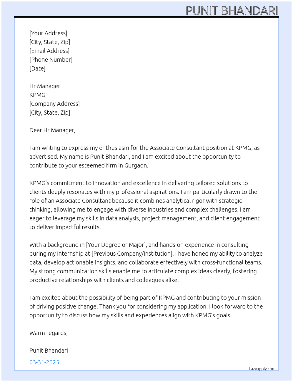 Associate consultant  At KPMG Cover Letter