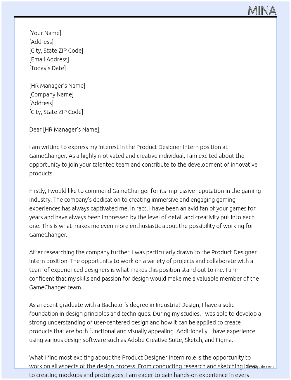 Product designer intern At GameChanger Cover Letter