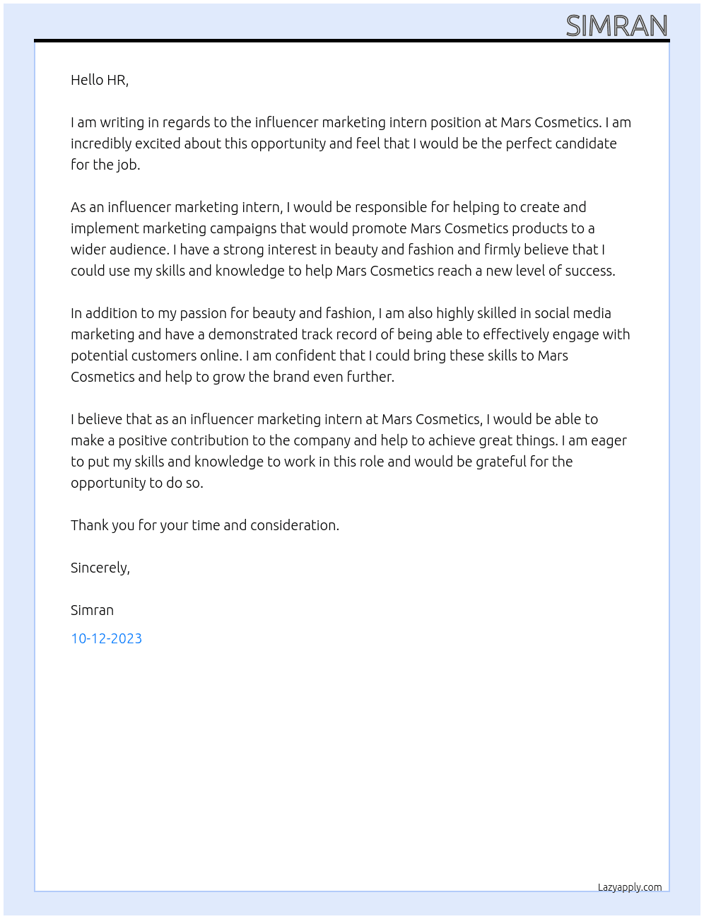 influencer marketing intern At mars cosmetics Cover Letter