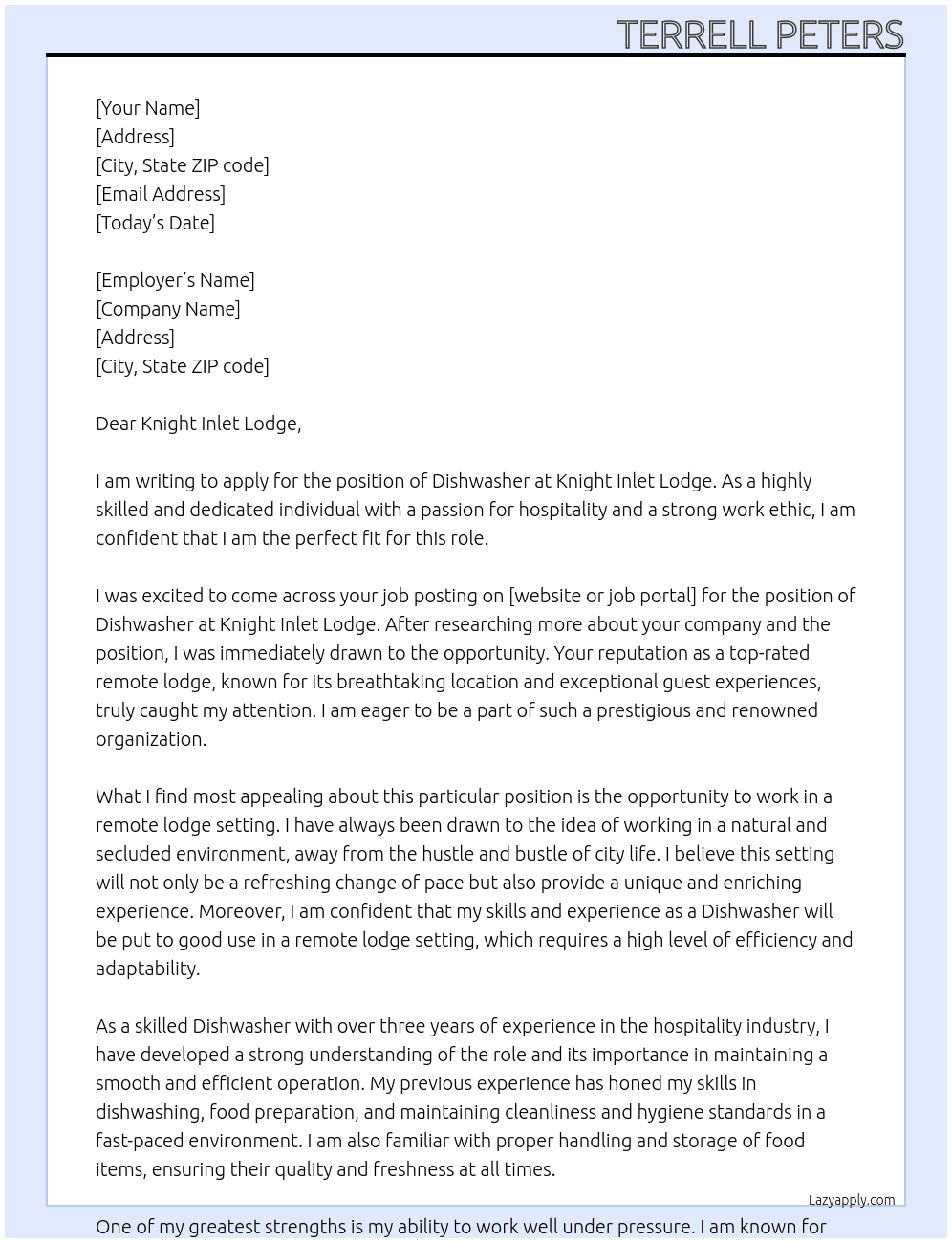 Dishwasjer At Knight Inlet Lodge Cover Letter