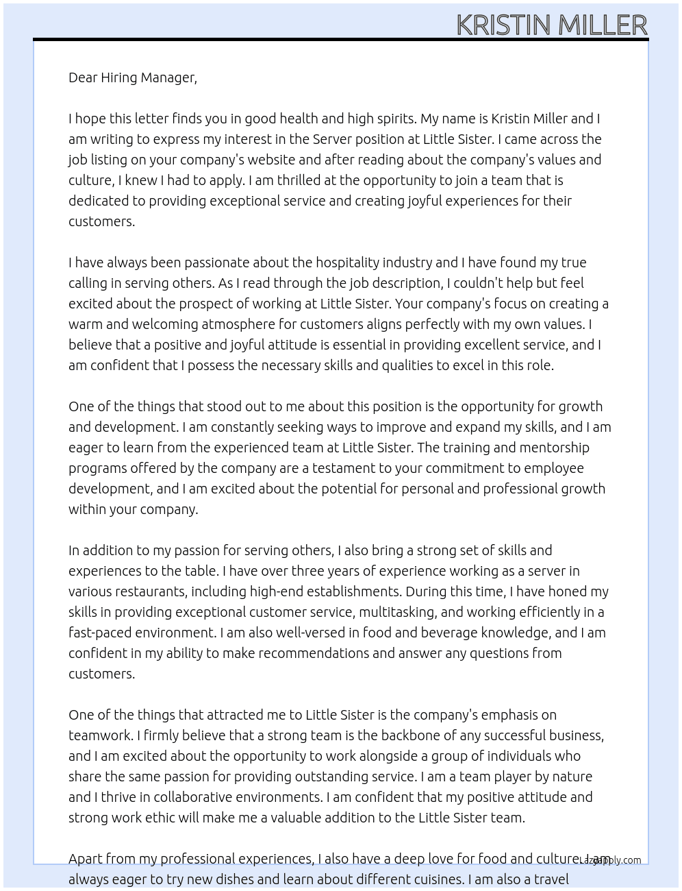 Server At Little Sister Cover Letter