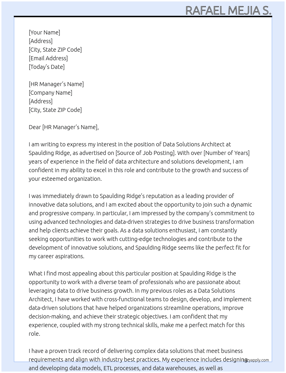 Data Solutions Architect At Spaulding Ridge Cover Letter
