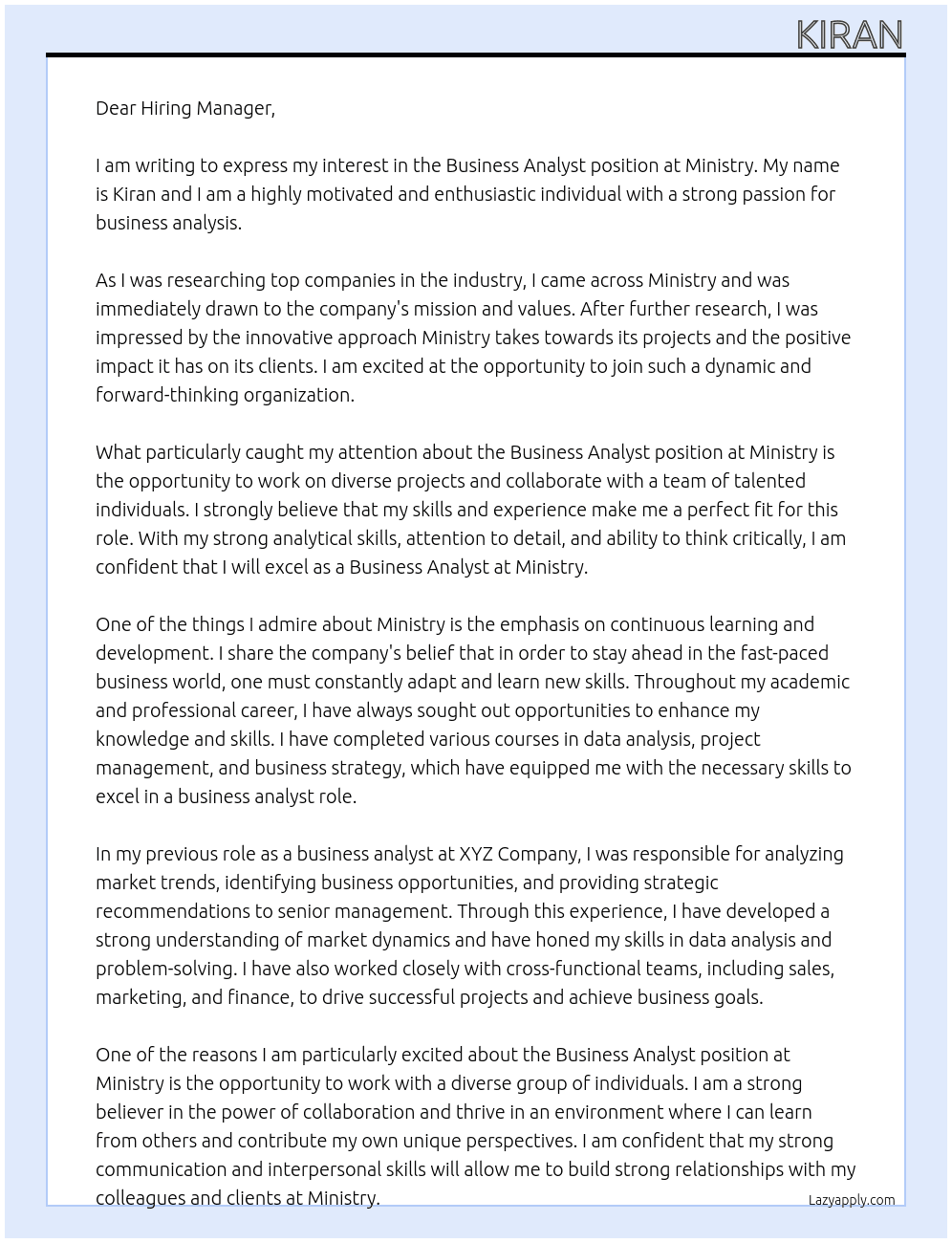 BUSINESS ANALYST At MINISTRY Cover Letter