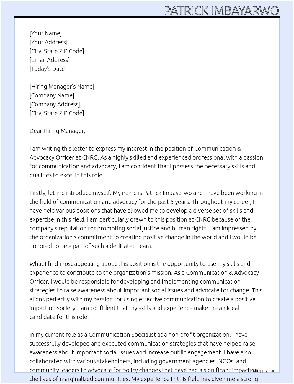 Communication & Advocacy Officer At CNRG Cover Letter