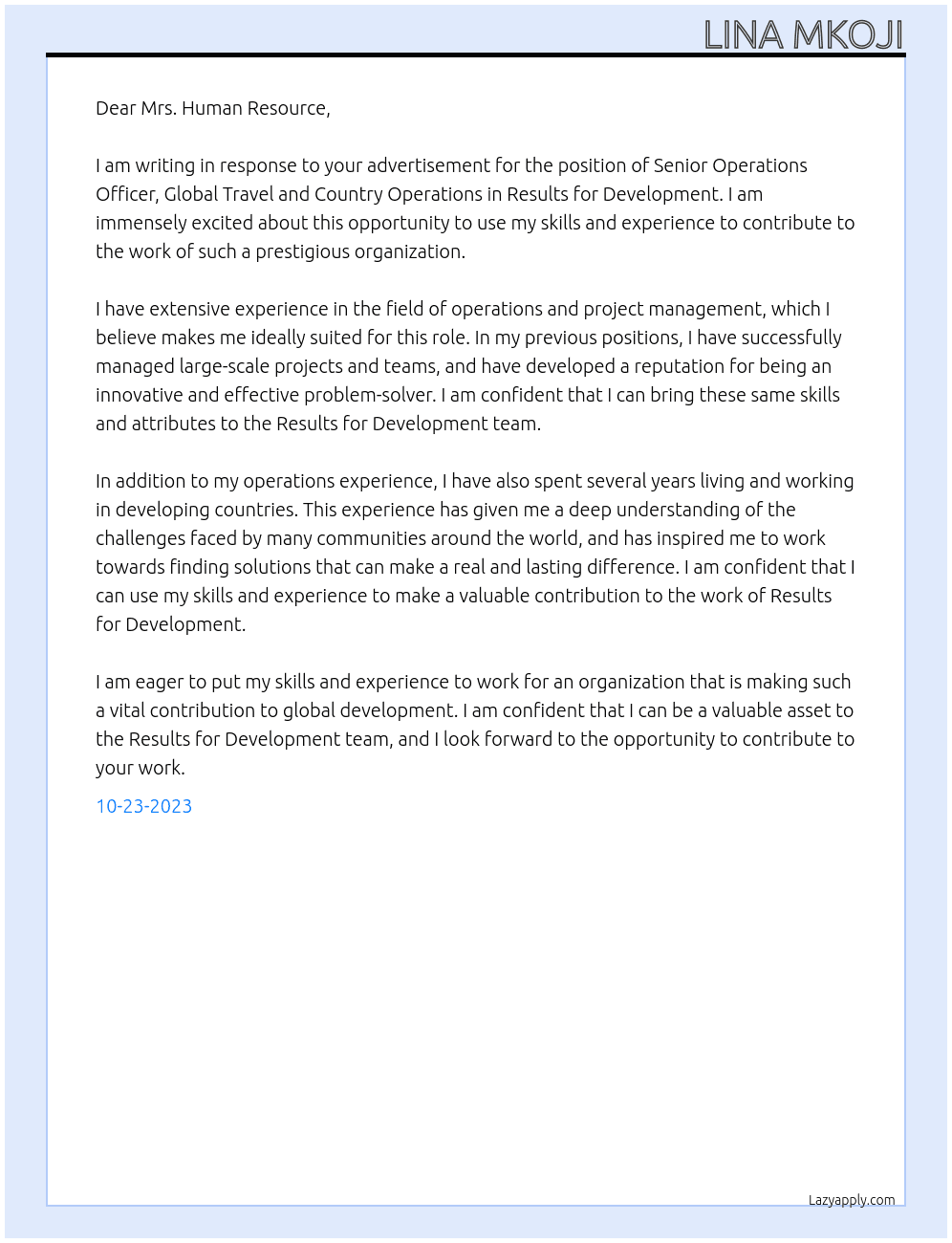 Senior Operations Officer, Global Travel and Country Operations At Results for Development Cover Letter