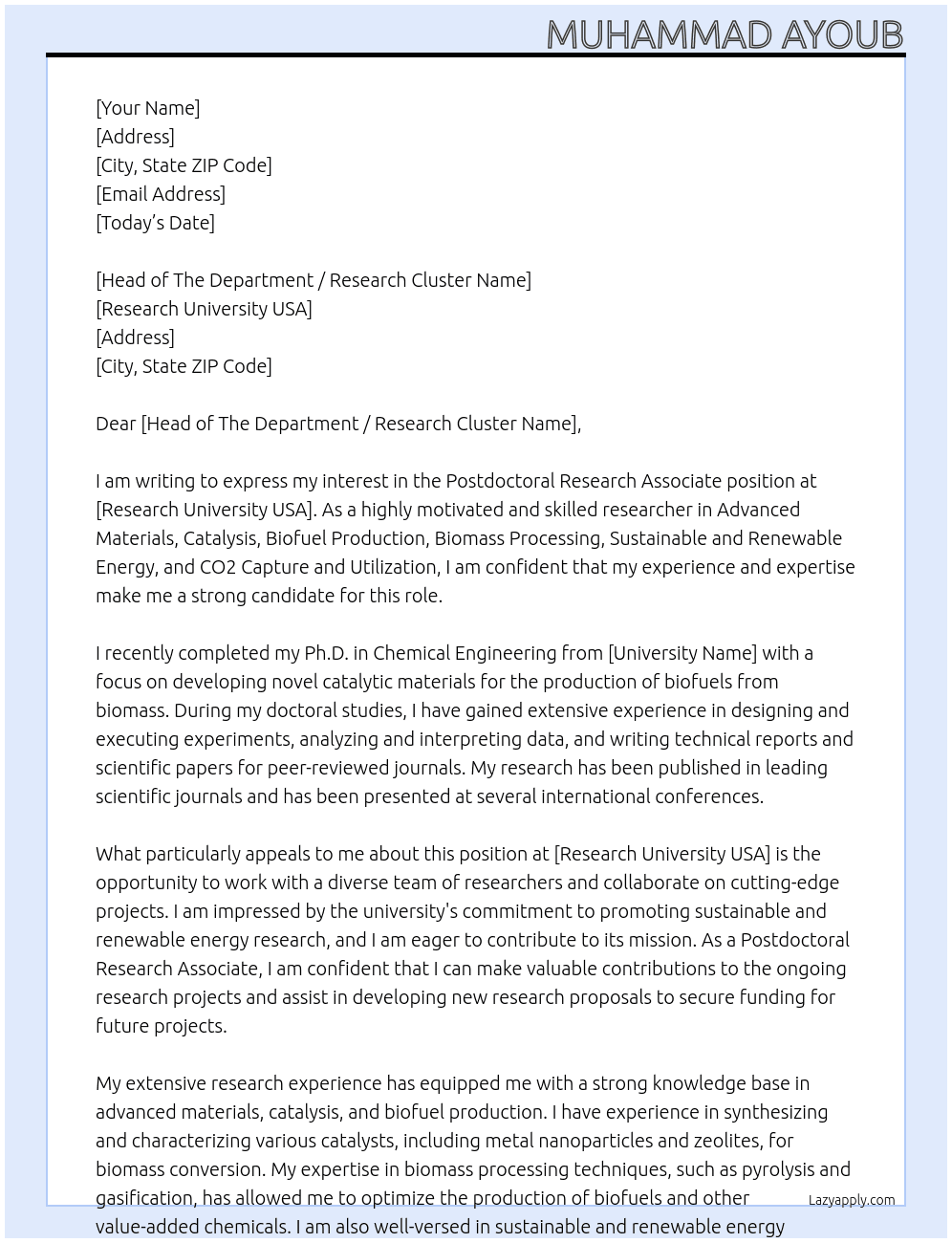 Postdoctoral Research Associate  At Research University USA Cover Letter